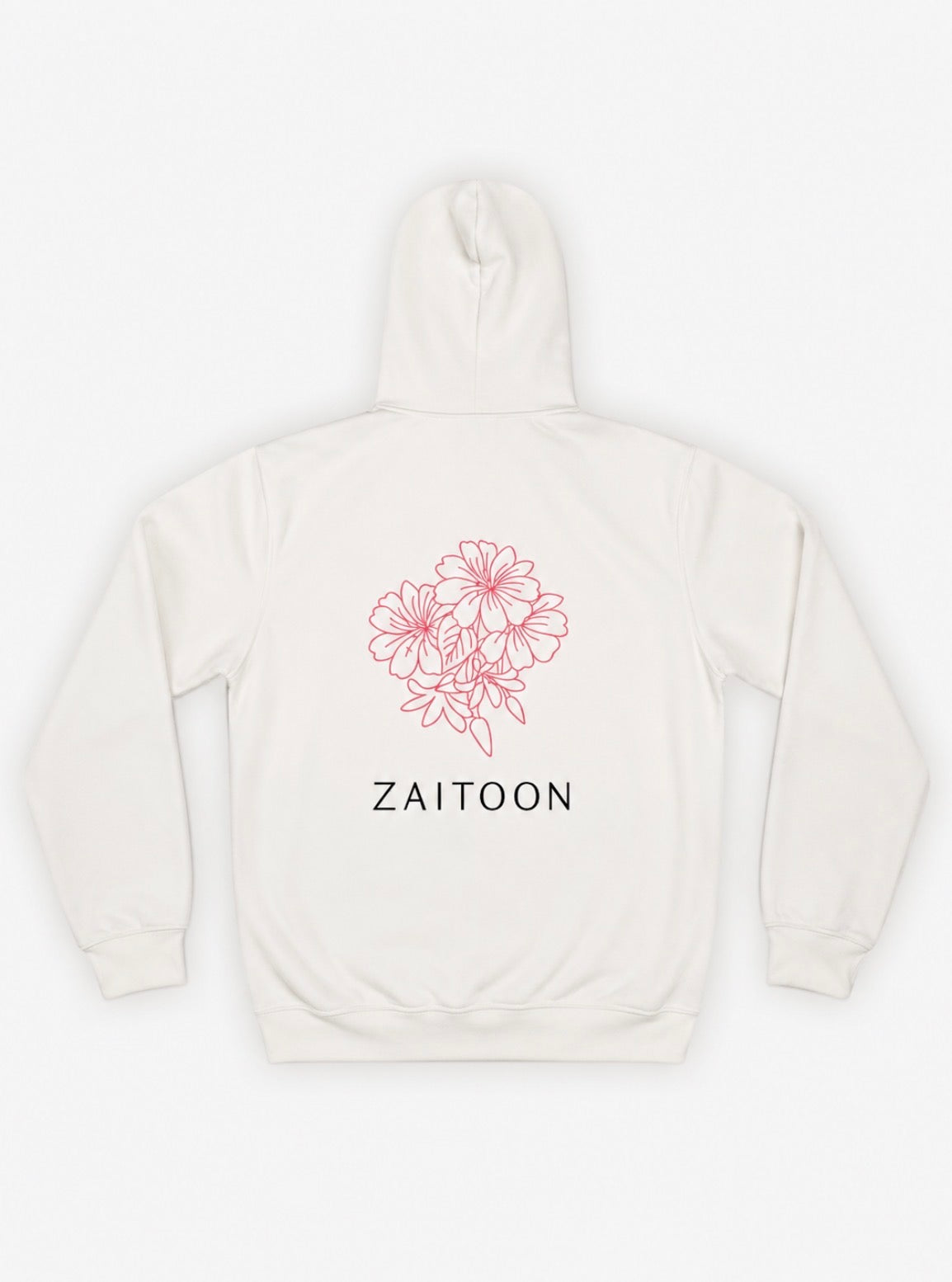 White hoodie with pink floral design and 'Zaitoon' text on a white background