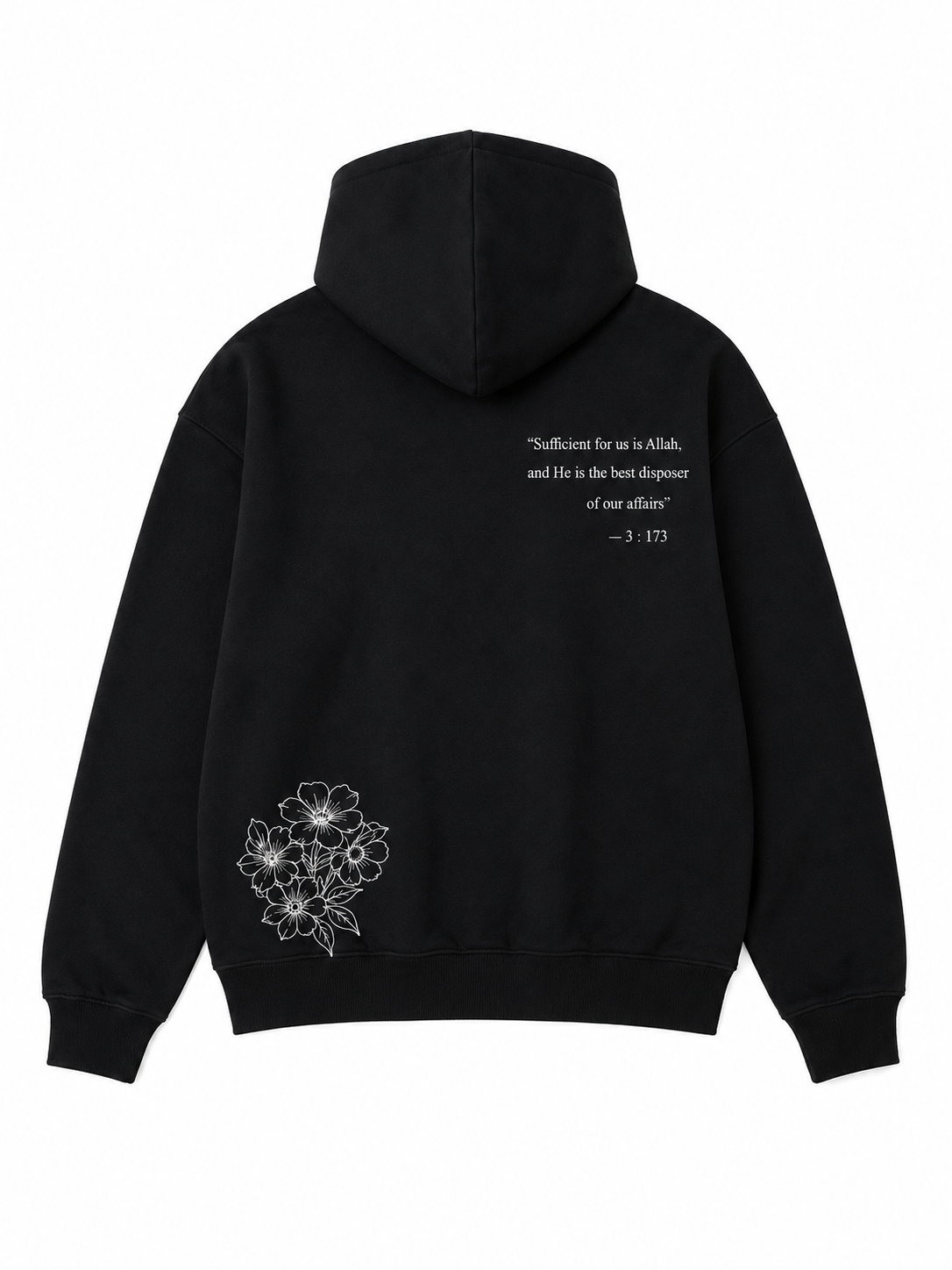 Black hoodie with floral design and text on the back against a white background