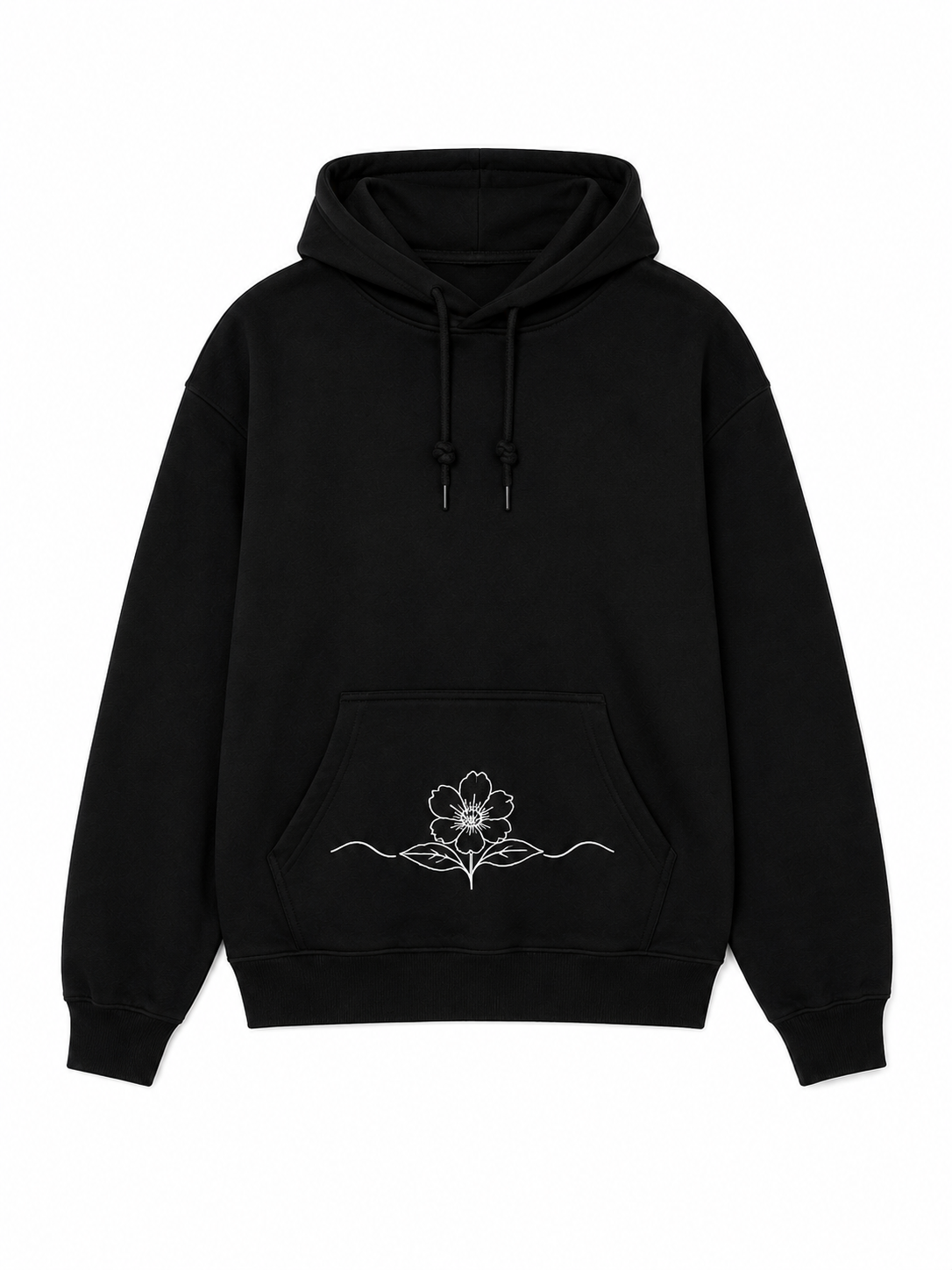 Black hoodie with a white floral design on the chest pocket against a white background